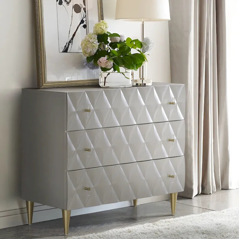 3-Drawer Console Cabinet with Decorative Panel – Metallic Silver & Champagne
