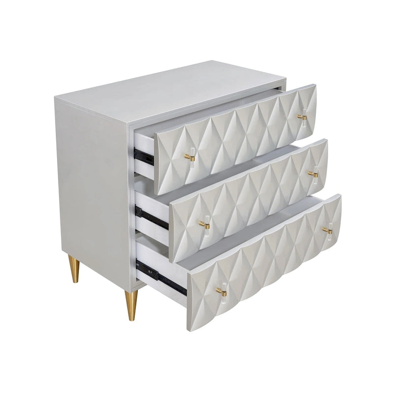 3-Drawer Console Cabinet with Decorative Panel – Metallic Silver & Champagne