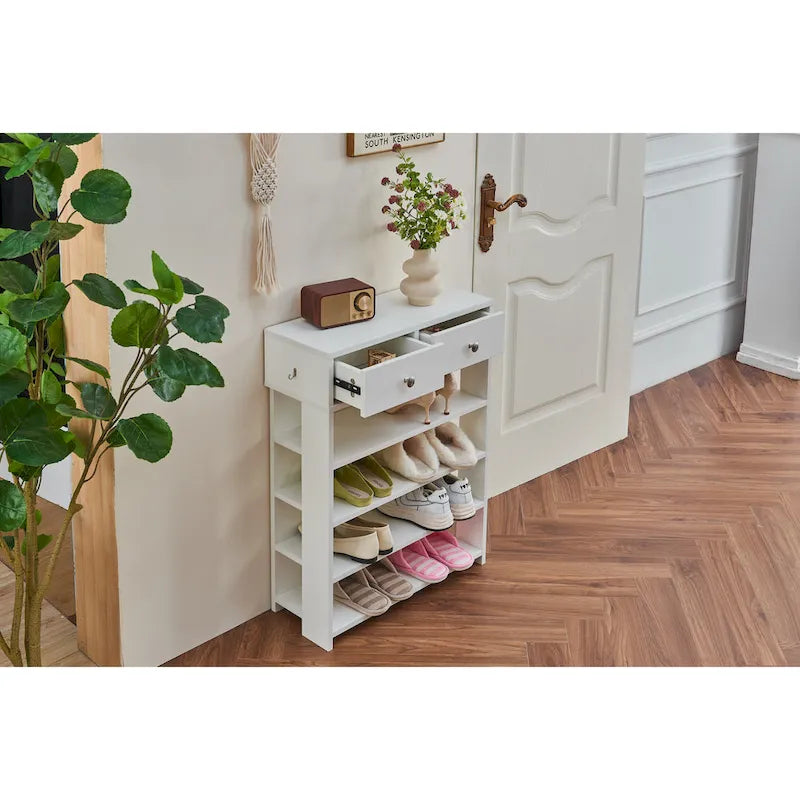 Meuble à chaussures en bois à 4 niveaux avec tiroir de rangement supérieur et crochet latéral
