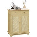 Natural Wood Top Storage Cabinet with 2 Drawers, Double Doors and Adjustable Shelf