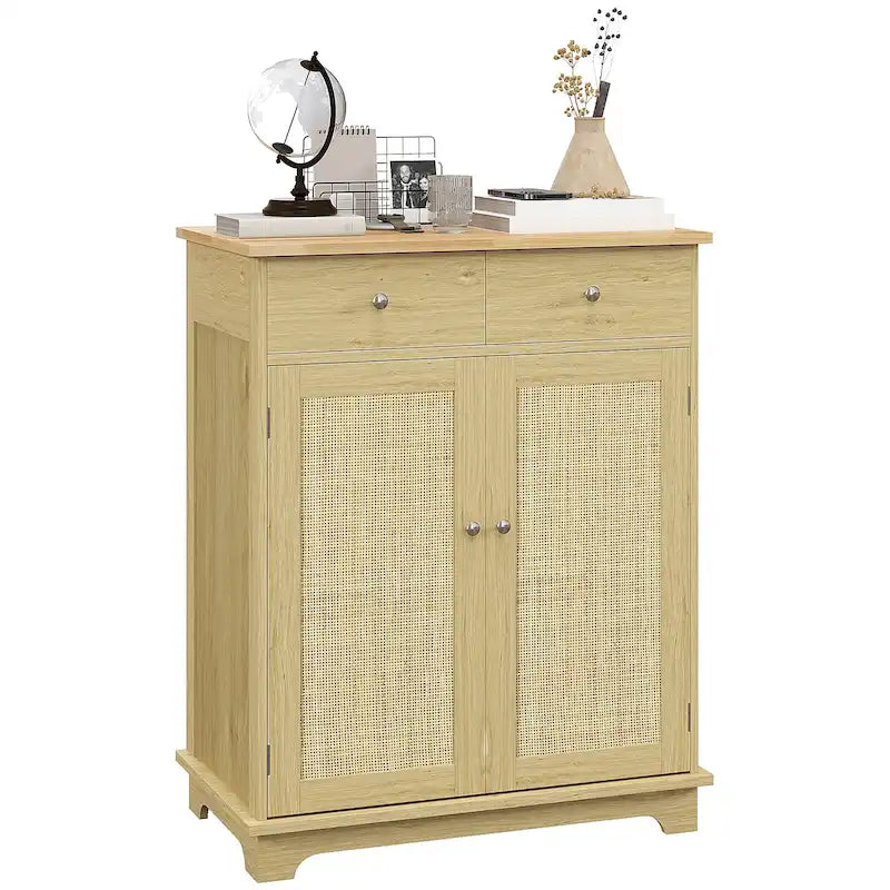 Natural Wood Top Storage Cabinet with 2 Drawers, Double Doors and Adjustable Shelf