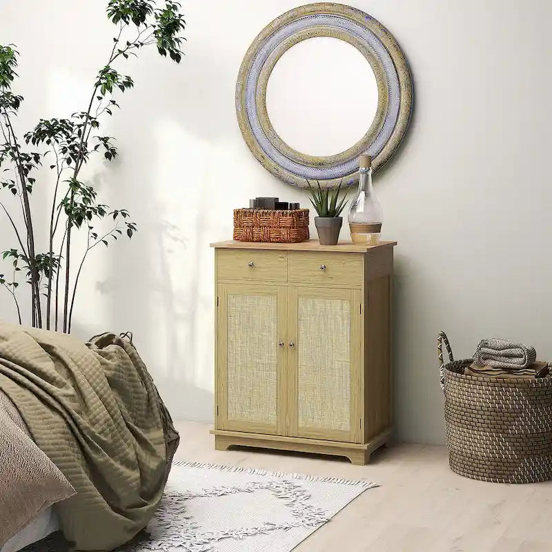 Natural Wood Top Storage Cabinet with 2 Drawers, Double Doors and Adjustable Shelf
