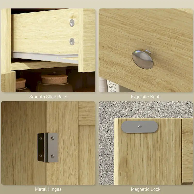 Natural Wood Top Storage Cabinet with 2 Drawers, Double Doors and Adjustable Shelf