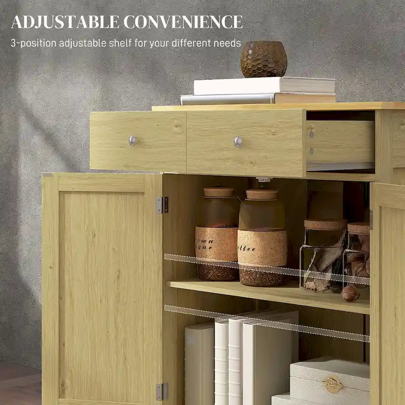 Natural Wood Top Storage Cabinet with 2 Drawers, Double Doors and Adjustable Shelf