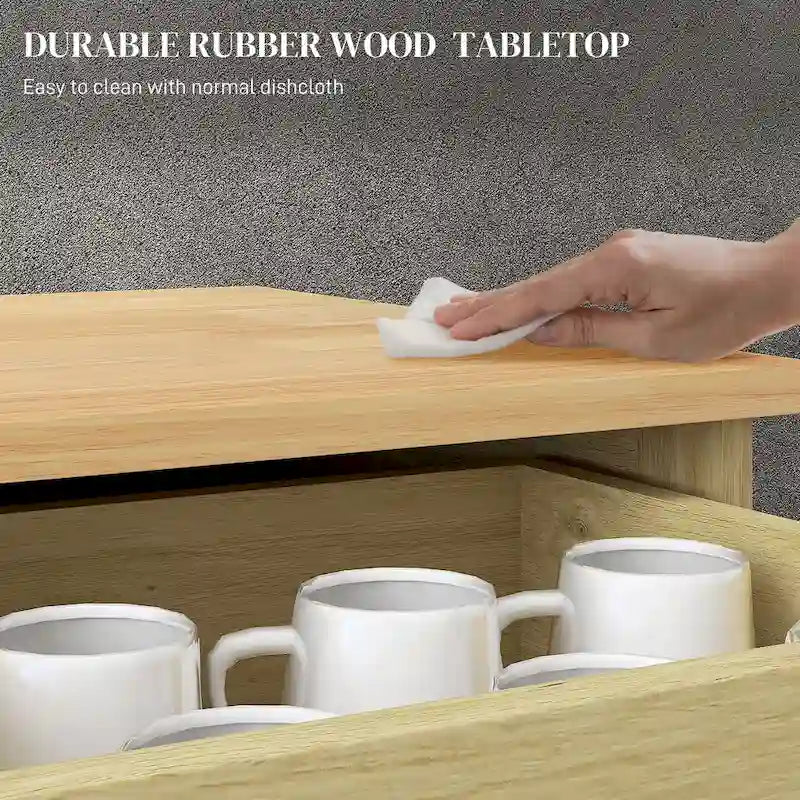 Natural Wood Top Storage Cabinet with 2 Drawers, Double Doors and Adjustable Shelf