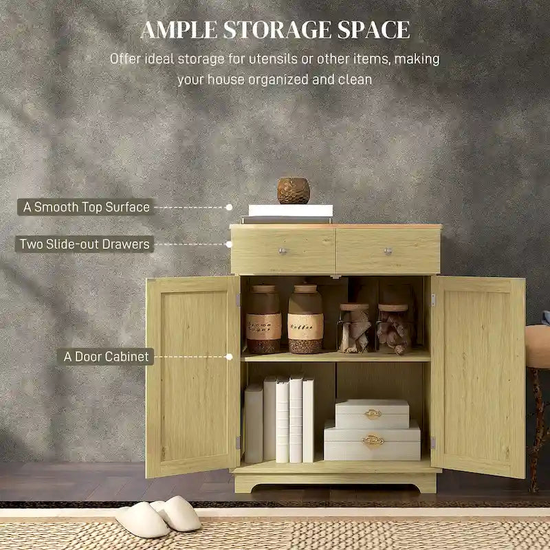 Natural Wood Top Storage Cabinet with 2 Drawers, Double Doors and Adjustable Shelf