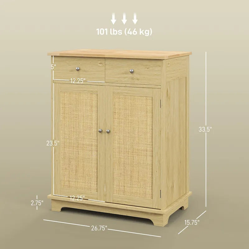 Natural Wood Top Storage Cabinet with 2 Drawers, Double Doors and Adjustable Shelf