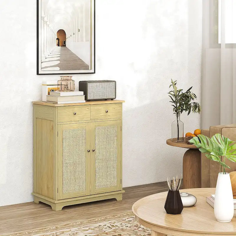 Natural Wood Top Storage Cabinet with 2 Drawers, Double Doors and Adjustable Shelf