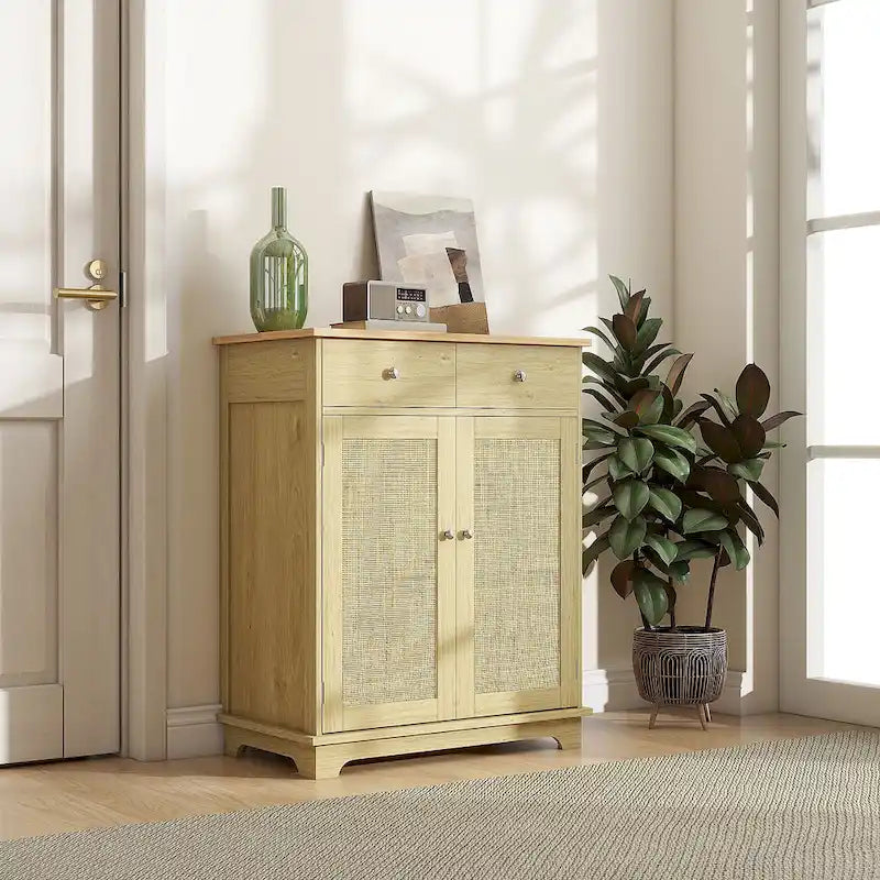 Natural Wood Top Storage Cabinet with 2 Drawers, Double Doors and Adjustable Shelf