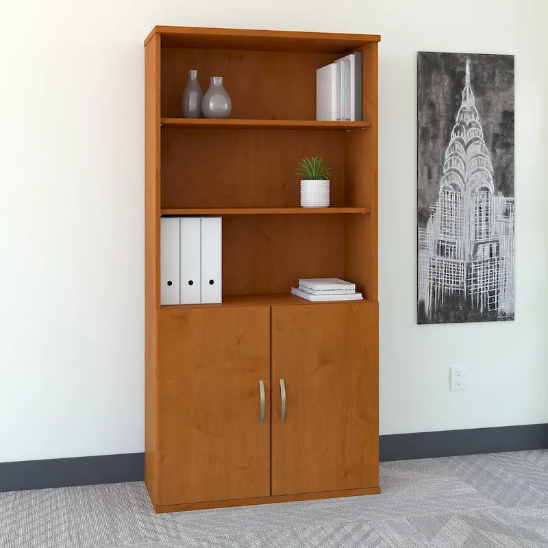 5-Shelf Bookcase with Doors and Adjustable Shelves – Office Storage Cabinet