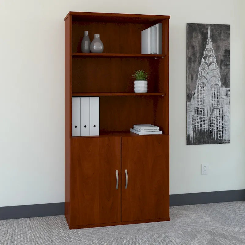 5-Shelf Bookcase with Doors and Adjustable Shelves – Office Storage Cabinet