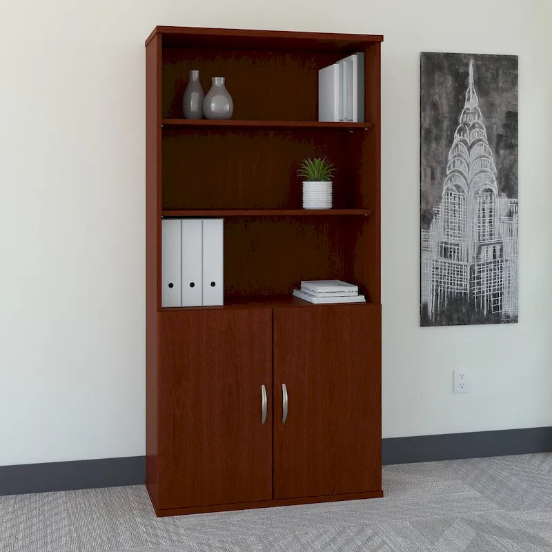 5-Shelf Bookcase with Doors and Adjustable Shelves – Office Storage Cabinet