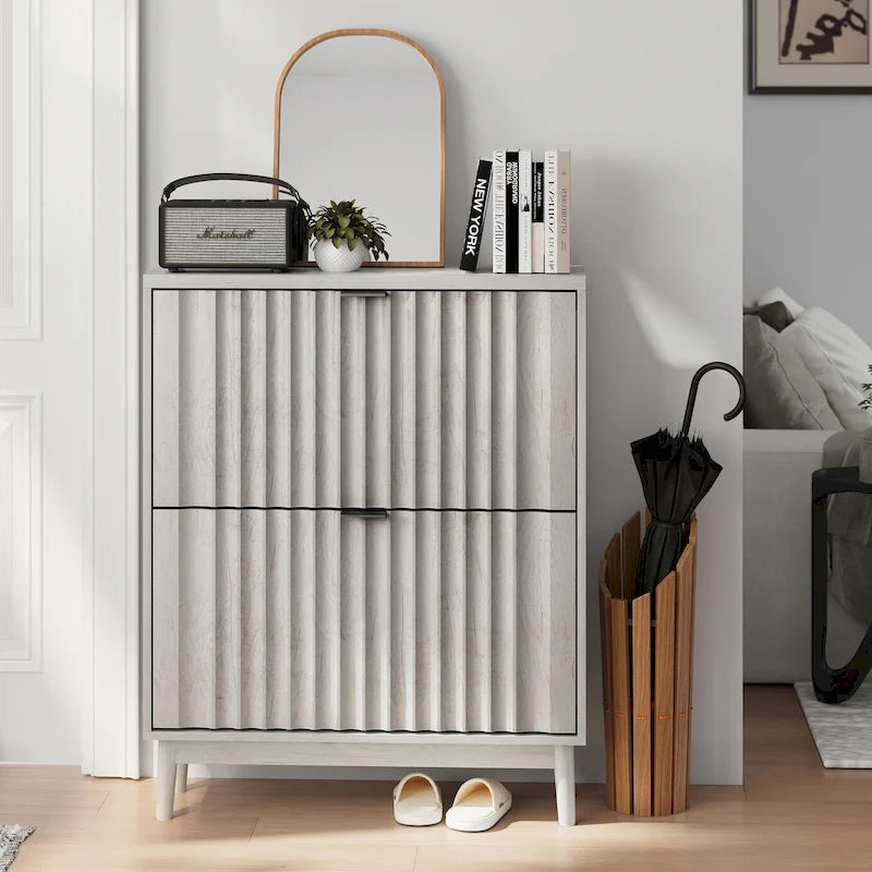 Fluted Flip-Door Shoe Cabinet with 2 Compartments for Entryway