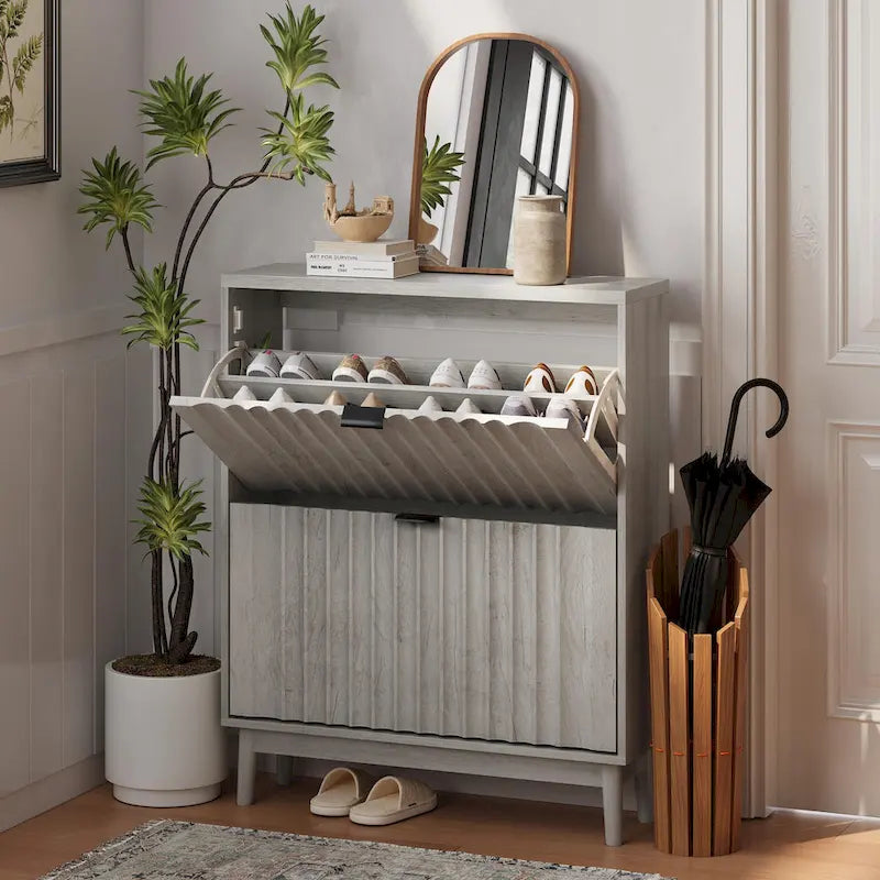 Fluted Flip-Door Shoe Cabinet with 2 Compartments for Entryway