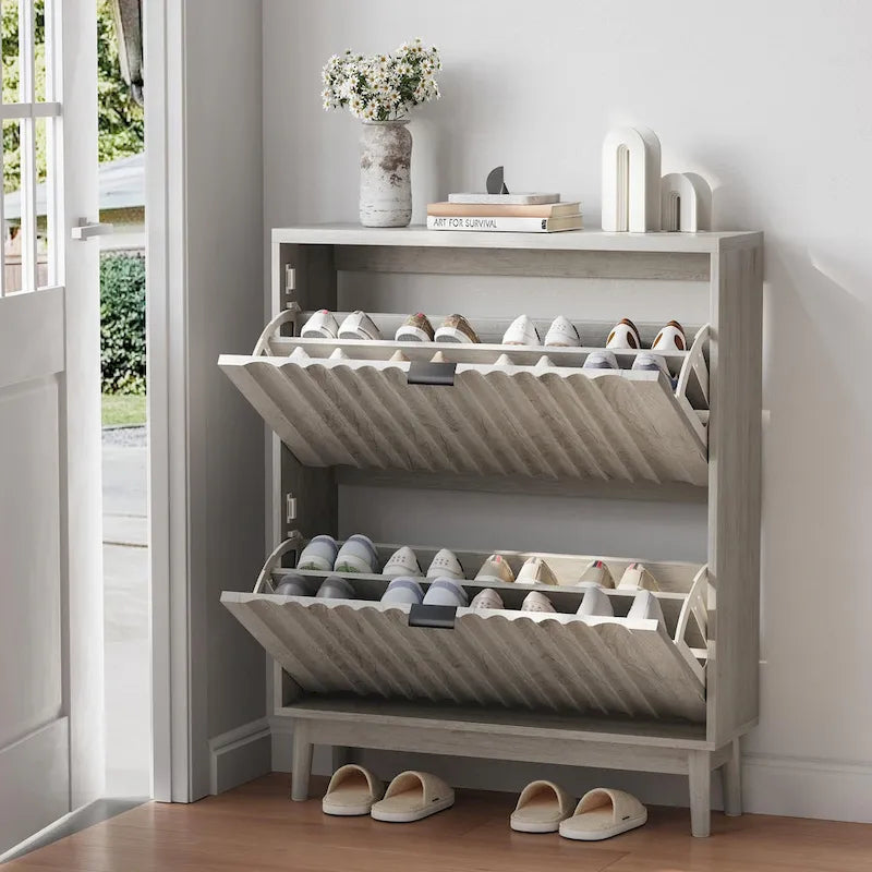 Fluted Flip-Door Shoe Cabinet with 2 Compartments for Entryway
