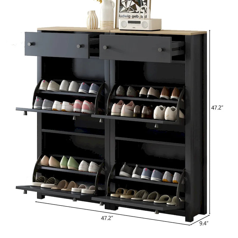 Meuble à chaussures étroit à portes basculantes avec dessus imitation bois et 4 tiroirs inclinables