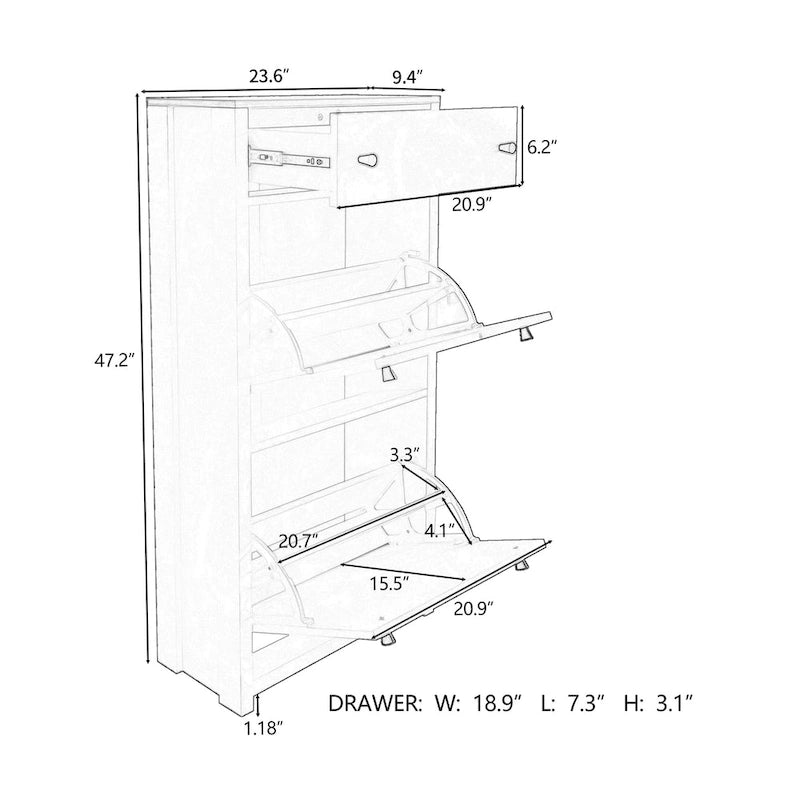 Meuble à chaussures étroit à portes basculantes avec dessus imitation bois et 4 tiroirs inclinables