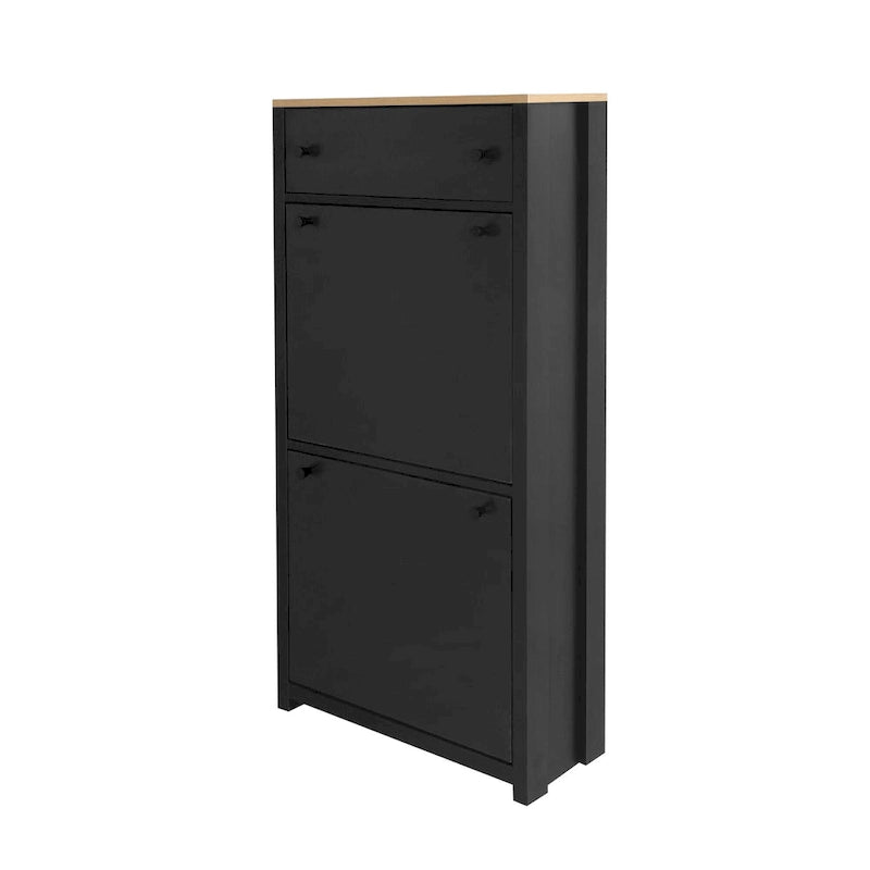 Meuble à chaussures étroit à portes basculantes avec dessus imitation bois et 4 tiroirs inclinables