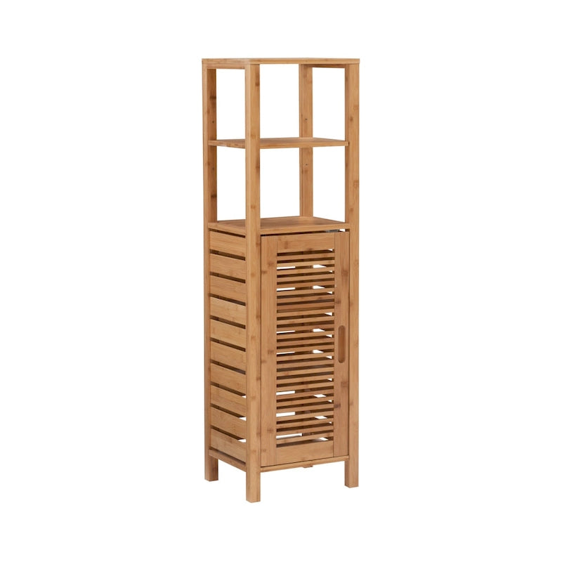Tall Single-Door Bamboo Storage Cabinet with Open Shelves – Brown