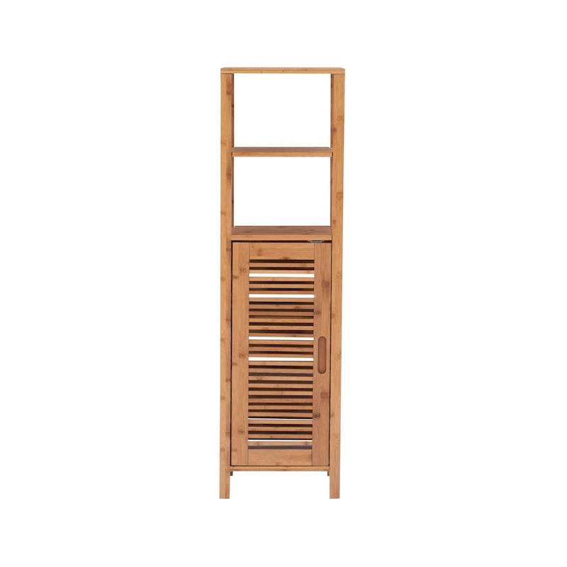 Tall Single-Door Bamboo Storage Cabinet with Open Shelves – Brown