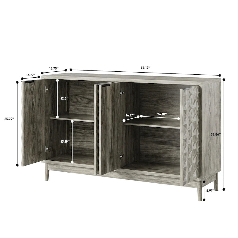 Buffet à porte en relief diamant avec pieds en bois massif - gris
