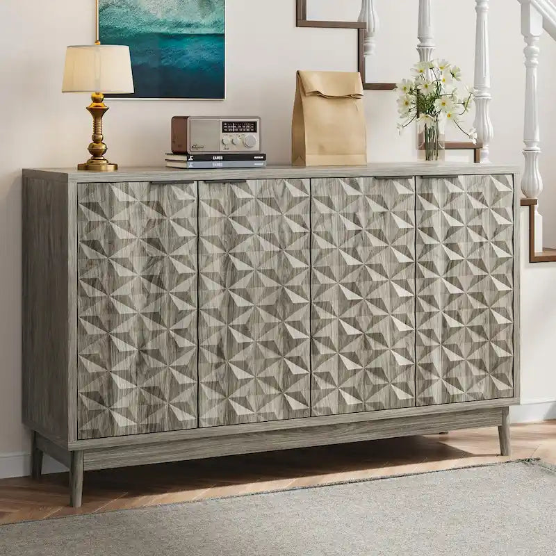 Diamond Relief Door Sideboard Cabinet with Solid Wood Legs – Gray