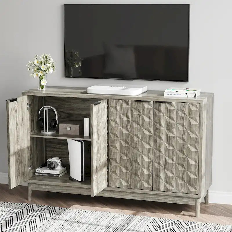 Buffet à porte en relief diamant avec pieds en bois massif - gris