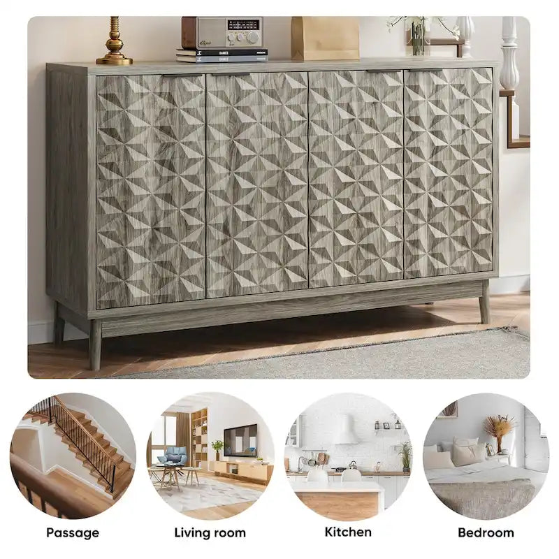 Buffet à porte en relief diamant avec pieds en bois massif - gris