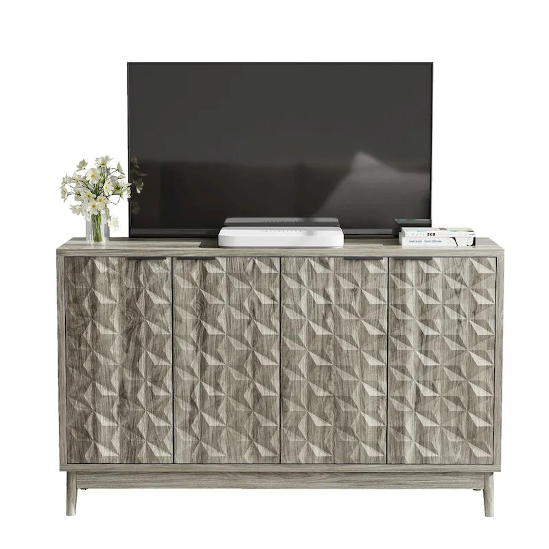 Buffet à porte en relief diamant avec pieds en bois massif - gris