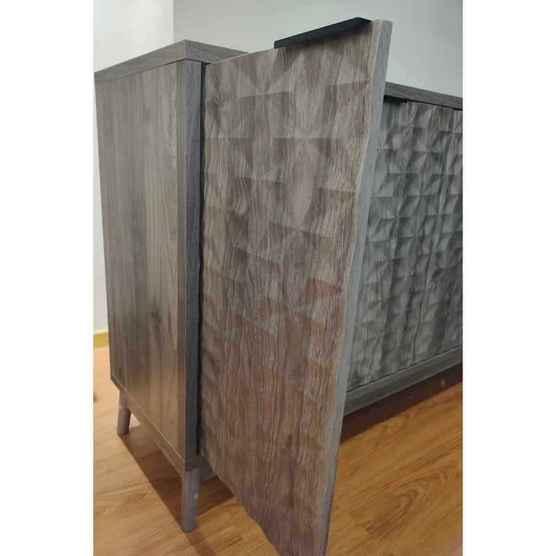 Buffet à porte en relief diamant avec pieds en bois massif - gris