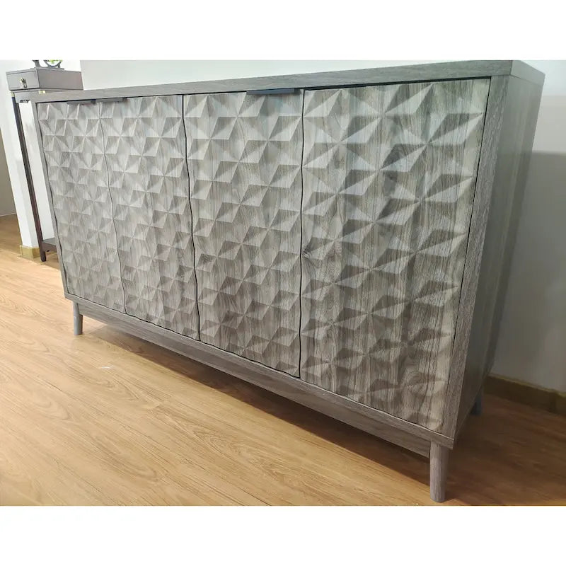 Buffet à porte en relief diamant avec pieds en bois massif - gris
