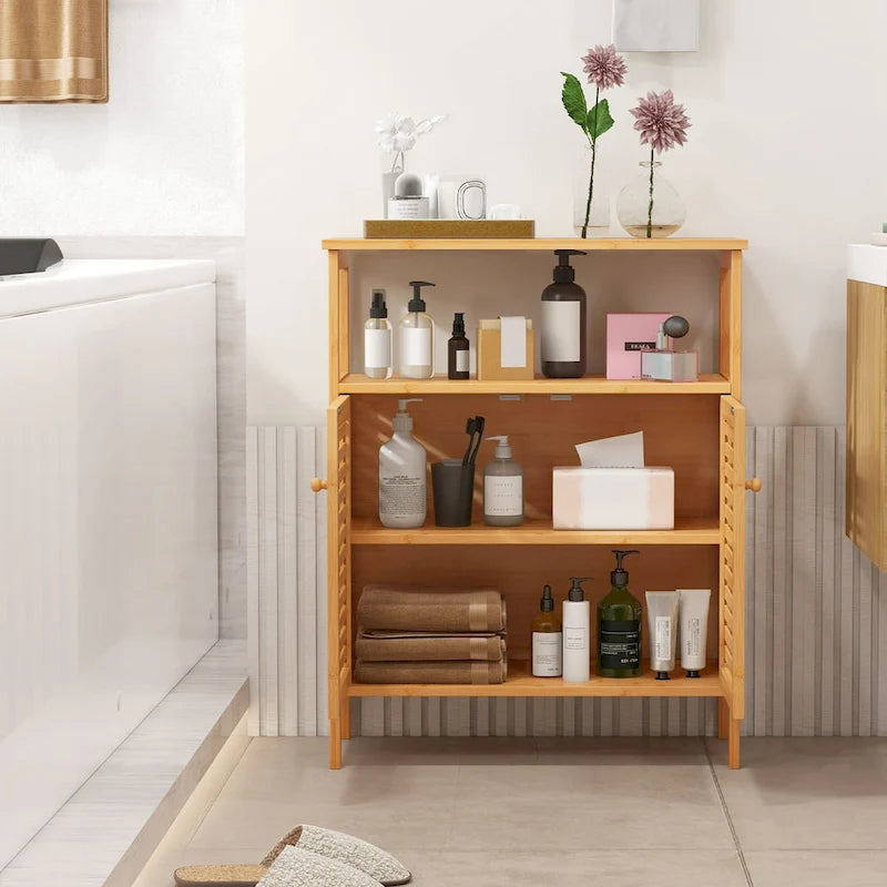 Freestanding Bamboo Floor Storage Cabinet with Louvered Doors and Open Shelf