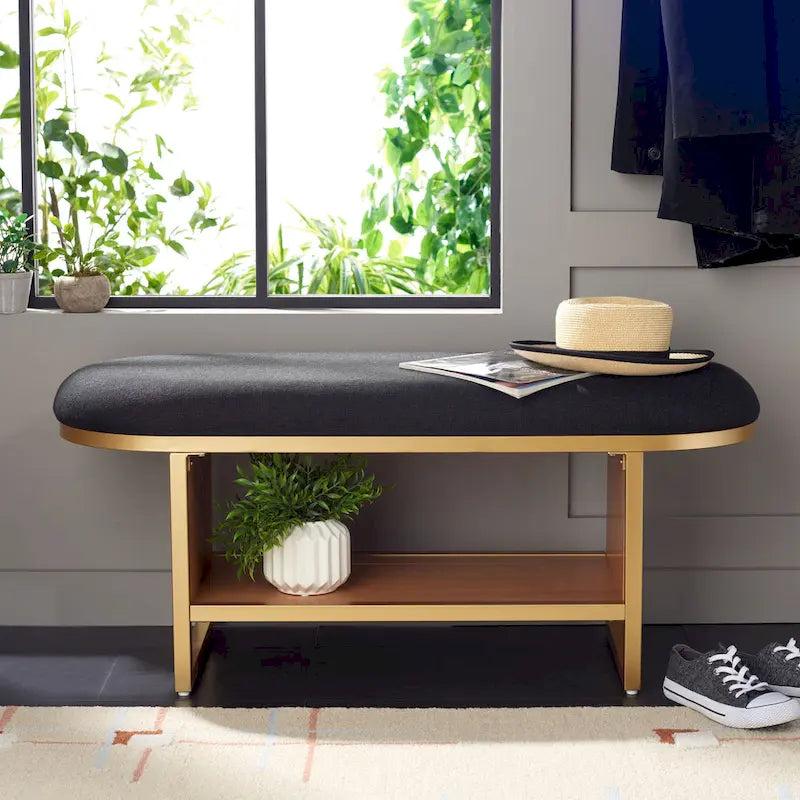 Cushioned Storage Bench with Open Shelf and Wood Base