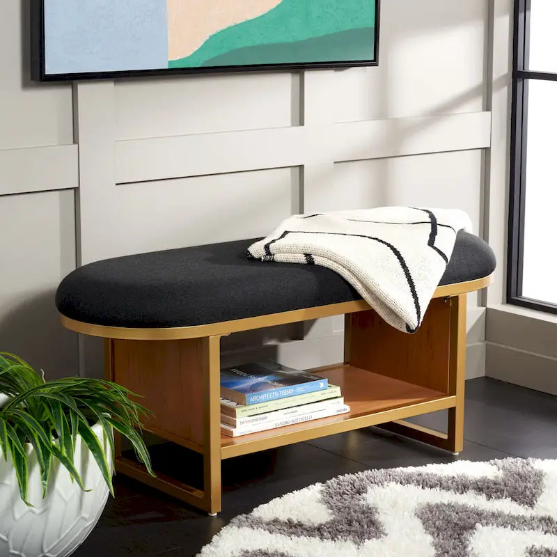 Cushioned Storage Bench with Open Shelf and Wood Base