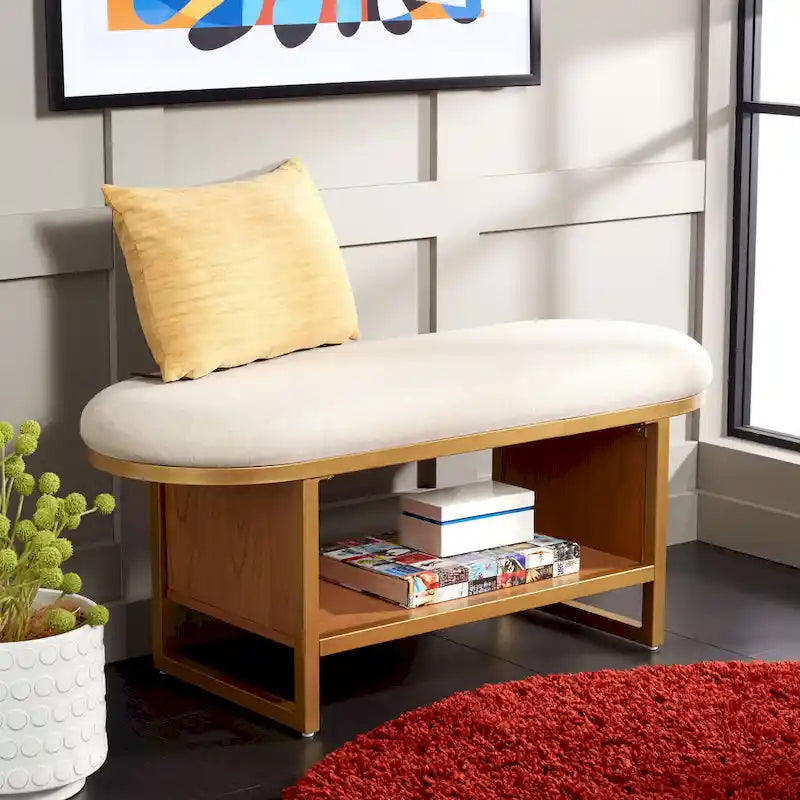 Cushioned Storage Bench with Open Shelf and Wood Base