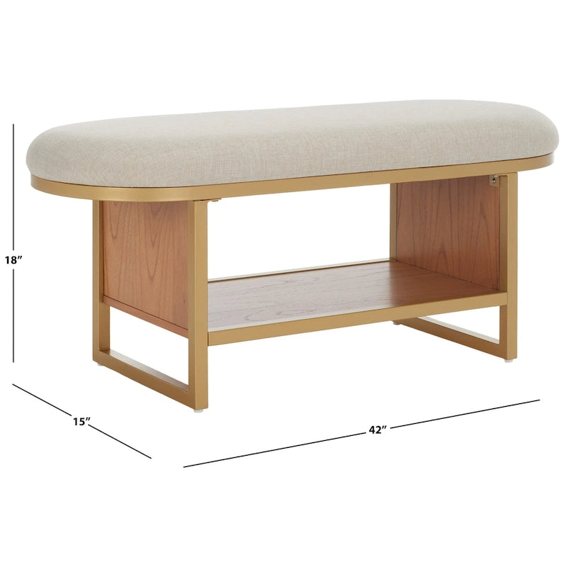 Cushioned Storage Bench with Open Shelf and Wood Base