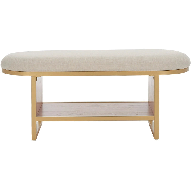 Cushioned Storage Bench with Open Shelf and Wood Base