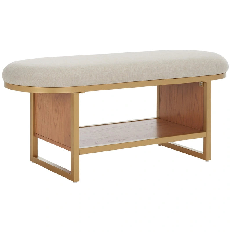 Cushioned Storage Bench with Open Shelf and Wood Base