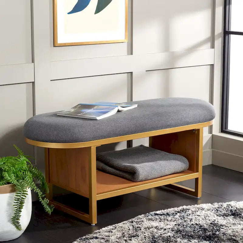 Cushioned Storage Bench with Open Shelf and Wood Base