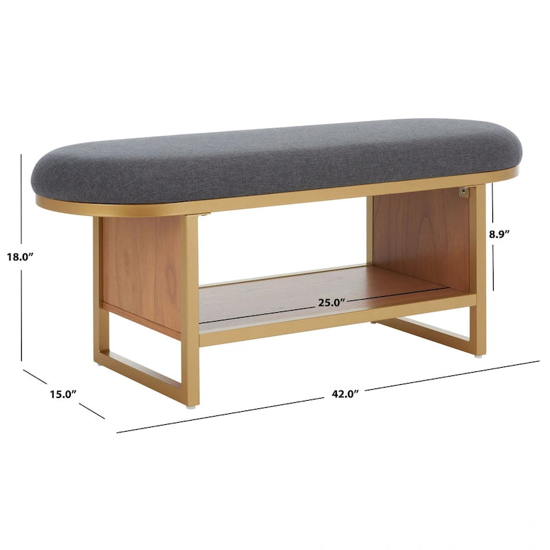 Cushioned Storage Bench with Open Shelf and Wood Base