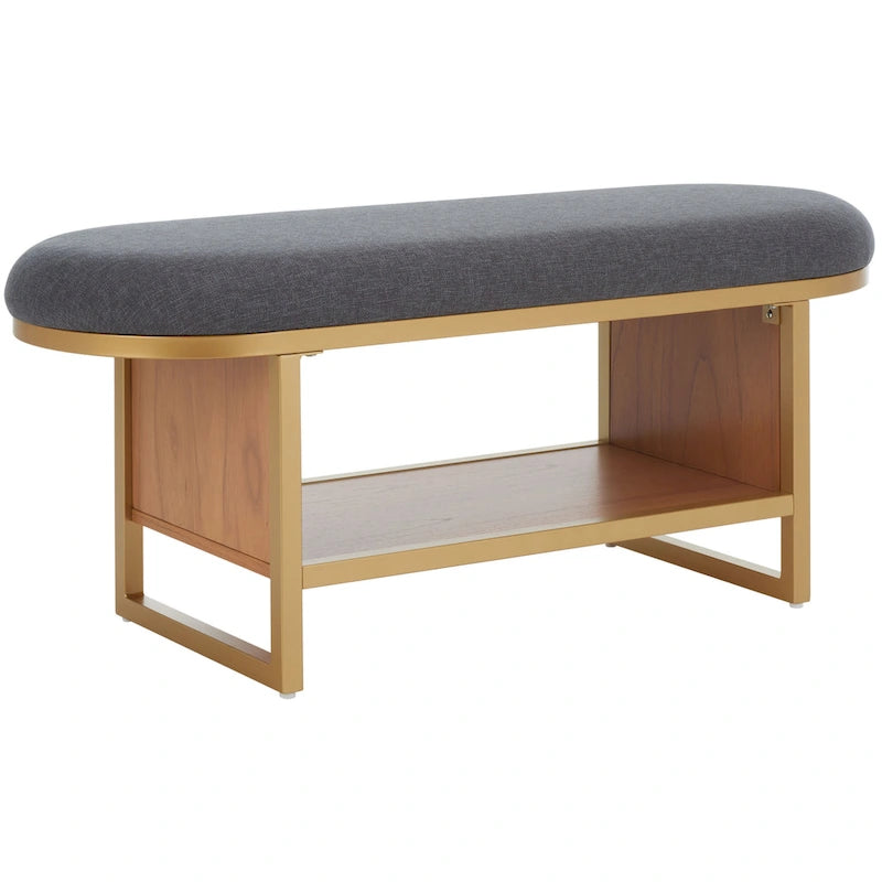 Cushioned Storage Bench with Open Shelf and Wood Base