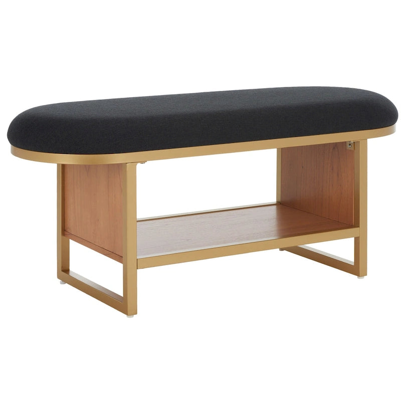 Cushioned Storage Bench with Open Shelf and Wood Base
