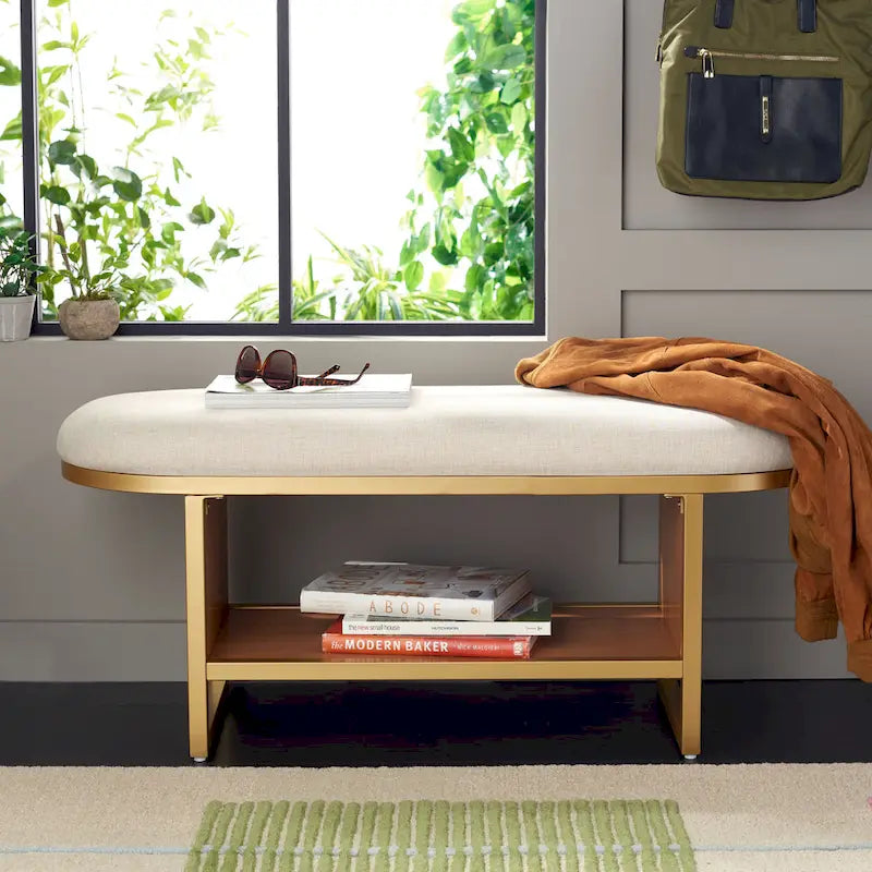 Cushioned Storage Bench with Open Shelf and Wood Base