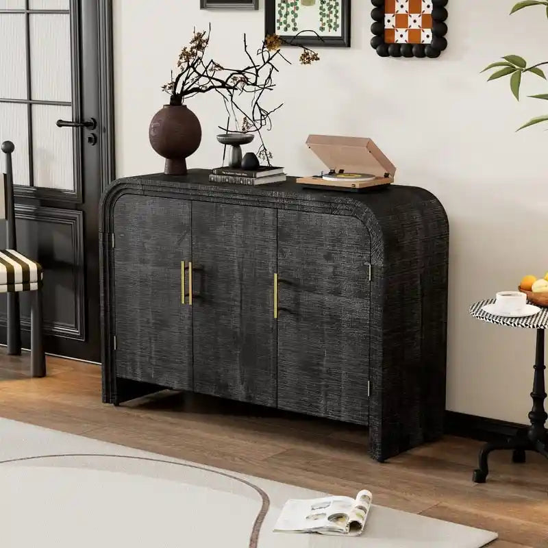 Curved Sideboard with Fir Veneer & Gold Handles – 3-Door Storage Cabinet