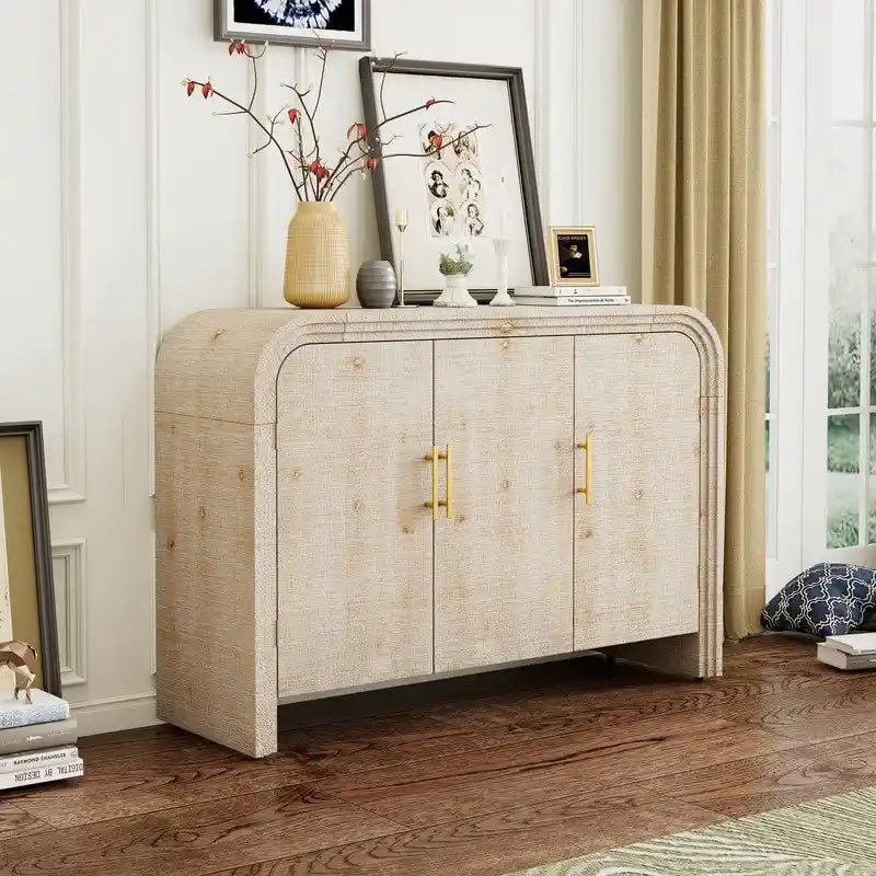 Curved Sideboard with Fir Veneer & Gold Handles – 3-Door Storage Cabinet