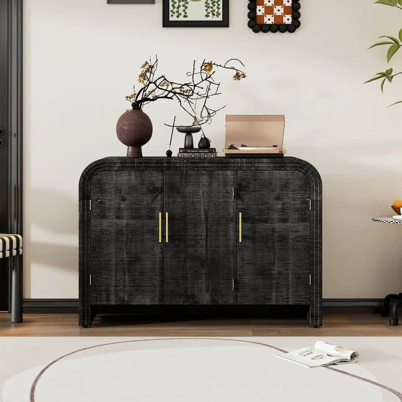 Curved Sideboard with Fir Veneer & Gold Handles – 3-Door Storage Cabinet