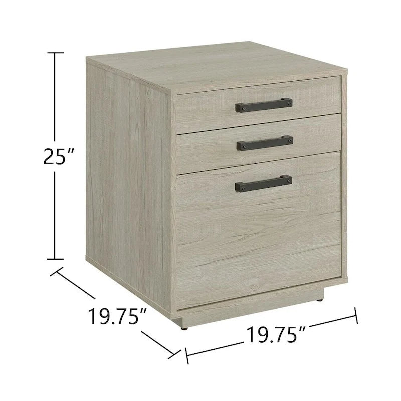 Holz-Aktenschrank mit 3 Schubladen – Weiß gekalktes Grau & Schwarz