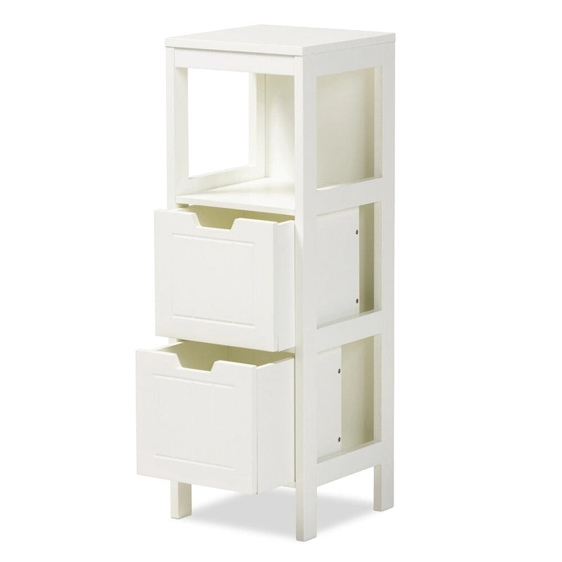Mobile contenitore bianco con 2 cassetti e ripiano aperto