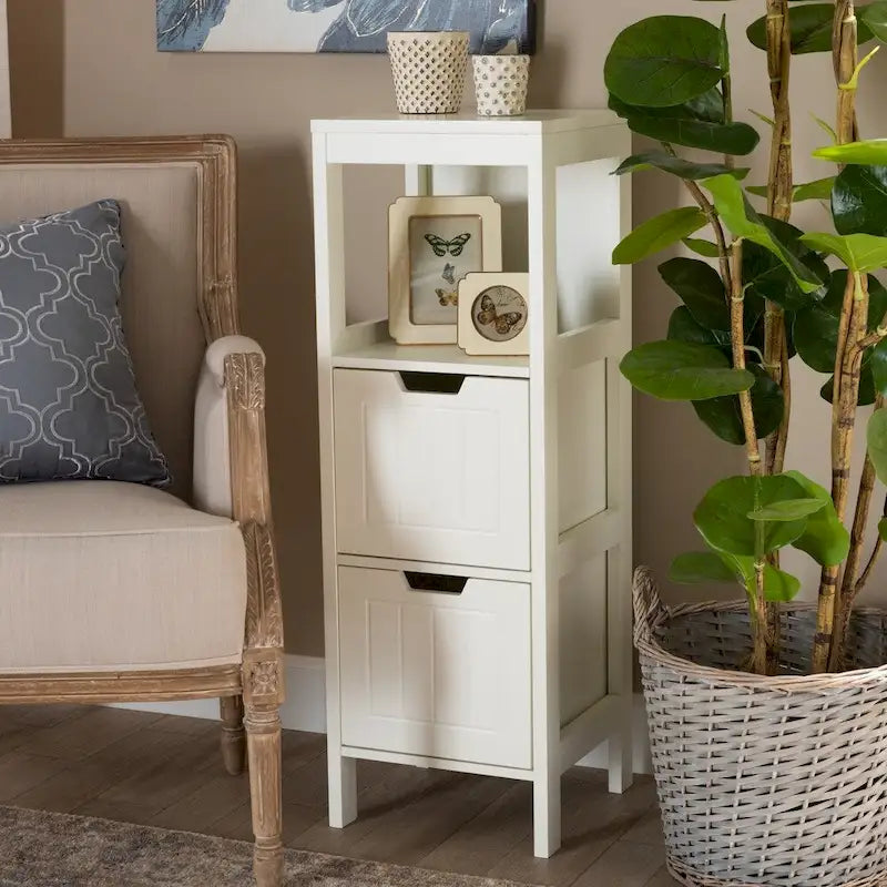 White 2-Drawer Storage Cabinet with Open Shelf