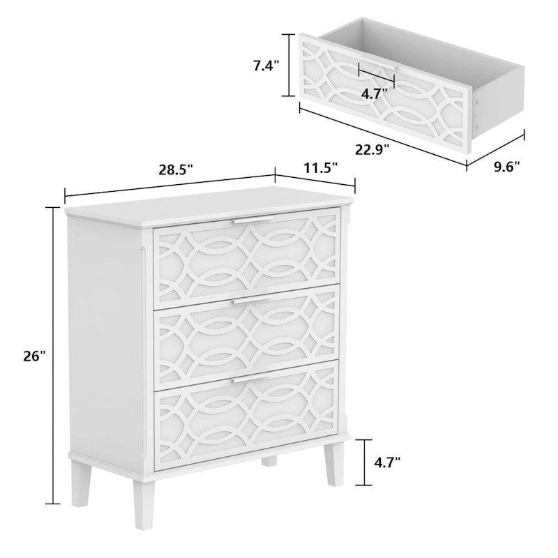 Verspiegelter Nachttisch mit 3 Schubladen und lackierter Oberfläche - Weiß und Gold